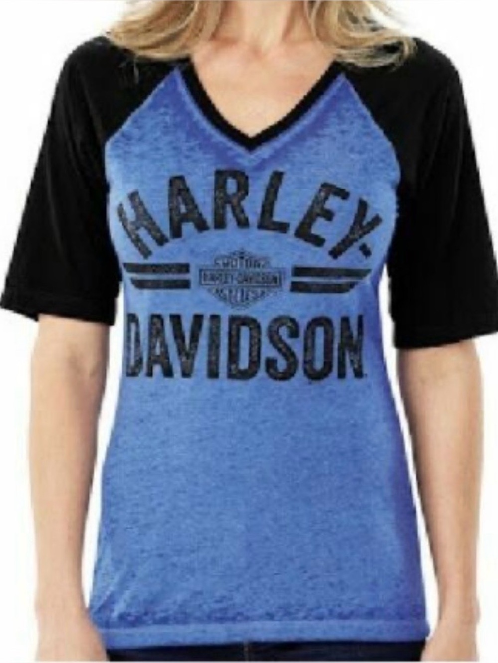Harley-Davidson Blue V-Neck Raglan Tee with Black Sleeves Small